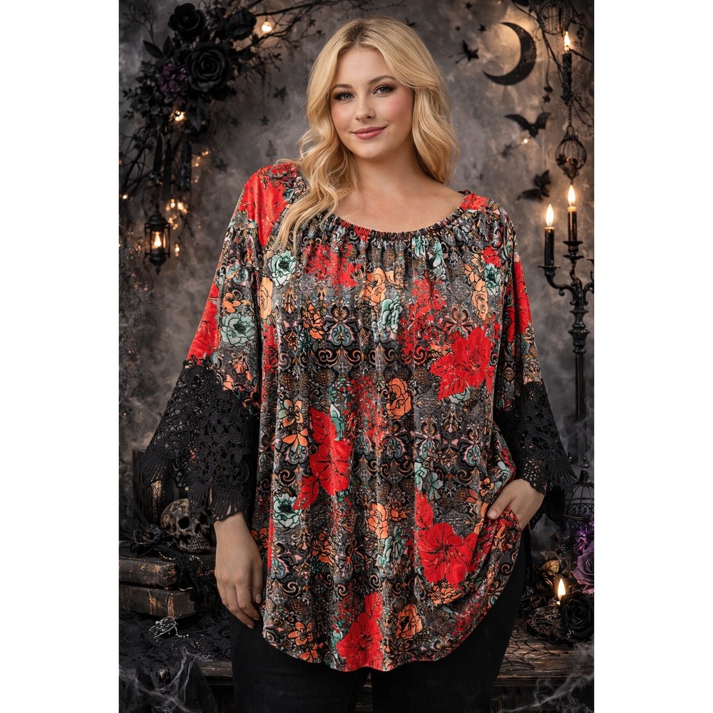 Ali Miles Whimsigoth Tunic 1X Black Red Floral Lace‎ Cuffs Velvet  Romantic